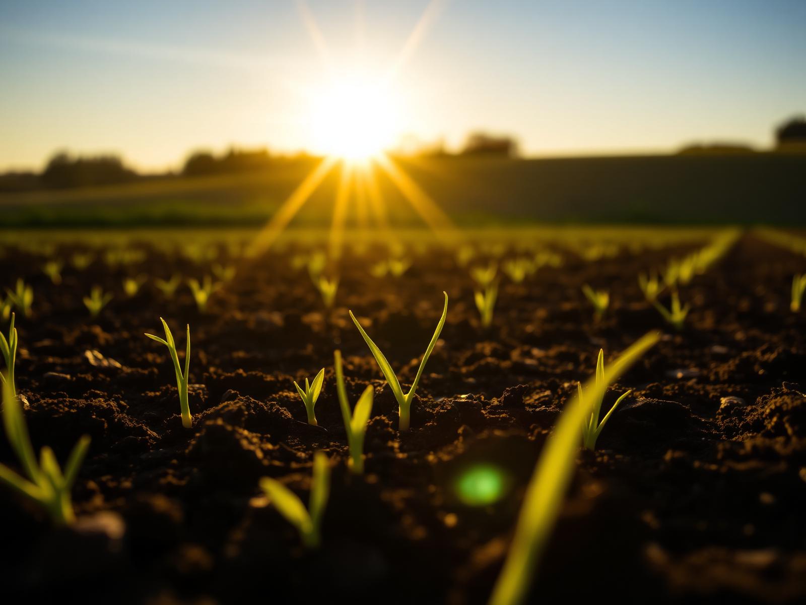 Sunlit field with fresh green sprouts in dark soil